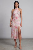 Sparkly Pink Tulle Halter Neck Bodycon Midi Floral Dress with Slit