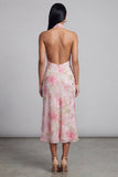 Sparkly Pink Tulle Halter Neck Bodycon Midi Floral Dress with Slit