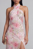 Sparkly Pink Tulle Halter Neck Bodycon Midi Floral Dress with Slit