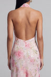 Sparkly Pink Tulle Halter Neck Bodycon Midi Floral Dress with Slit