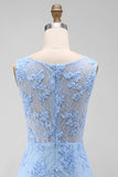 Blue Tulle Round Neck Bodycon Mini Floral Dress with Lace Appliques