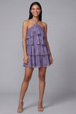 White Pink Flower Chiffon Halter Neck A-Line Printed Tiered Floral Mini Dress