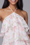 White Pink Flower Chiffon Halter Neck A-Line Printed Tiered Floral Mini Dress