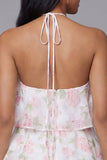 White Pink Flower Chiffon Halter Neck A-Line Printed Tiered Floral Mini Dress