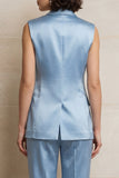 Satin Blue 2 Piece Single Breasted Peak Lapel Women Suits with Sleeveless