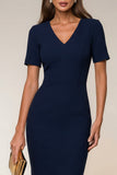 Bodycon Navy V-Neck Short Sleeves Midi Work Dress with Slit