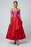 Fuchsia and Red Strapless A Line Corset Ruffled Midi Formal Dress