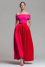 Off the Shoulder A Line Fuchsia and Red Color Block Long Formal Dress