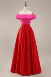 Off the Shoulder A Line Fuchsia and Red Color Block Long Formal Dress