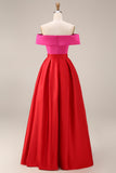 Off the Shoulder A Line Fuchsia and Red Color Block Long Formal Dress