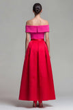 Off the Shoulder A Line Fuchsia and Red Color Block Long Formal Dress