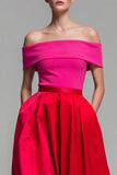 Off the Shoulder A Line Fuchsia and Red Color Block Long Formal Dress