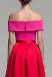 Off the Shoulder A Line Fuchsia and Red Color Block Long Formal Dress