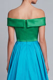 Off the Shoulder Green and Blue A Line Satin Asymmetrical Formal Dress