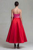 Fuchsia and Red A Line Satin Spaghetti Straps Midi Formal Dress with Bow