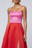 Strapless Pink and Fuchsia A Line Midi Formal Dress with Slit
