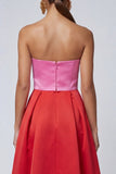 Strapless Pink and Fuchsia A Line Midi Formal Dress with Slit