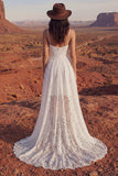 A Line Spaghetti Straps Ivory Lace High Low Boho Wedding Dress