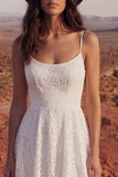 A Line Spaghetti Straps Ivory Lace High Low Boho Wedding Dress