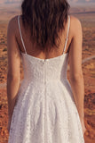 A Line Spaghetti Straps Ivory Lace High Low Boho Wedding Dress