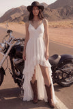 Ivory Spaghetti Straps A Line High-Low Beach Wedding Dress with Ruffles