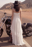 Ivory Spaghetti Straps A Line High-Low Beach Wedding Dress with Ruffles