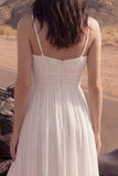 Ivory Spaghetti Straps A Line High-Low Beach Wedding Dress with Ruffles