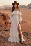 Off The Shoulder Maxi A Line Ivory Beach Wedding Dress with Ruffles