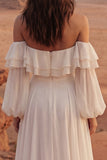 Off The Shoulder Maxi A Line Ivory Beach Wedding Dress with Ruffles