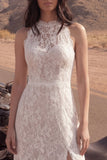 Ivory A Line Lace High Neck Long Boho Wedding Dress with Slit