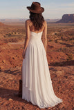 Simple Ivory Strapless A Line Long Beach Wedding Dress with Slit