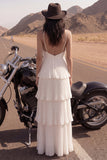 Ivory A Line Spaghetti Straps Long Pleated Beach Wedding Dress with Ruffles