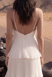 Ivory A Line Spaghetti Straps Long Pleated Beach Wedding Dress with Ruffles