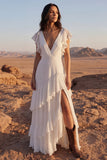 Zapaka Women Ivory Ruffled Maxi Beach Wedding Dress V-Neck A Line Cap Sleeves Chiffon Engagement Dress with Slit