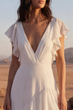 Ivory V-Neck A Line Long Beach Wedding Dress with Ruffles