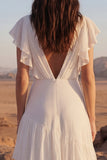 Ivory V-Neck A Line Long Beach Wedding Dress with Ruffles