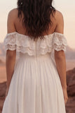 Simple Ivory Off the Shoulder Long Beach Wedding Dress with Slit