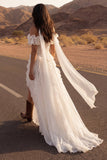 Ivory Chiffon A Line Off The Shoulder Maxi Beach Wedding Dress with Ruffles