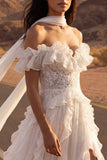 Ivory Chiffon A Line Off The Shoulder Maxi Beach Wedding Dress with Ruffles