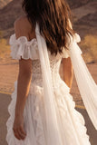 Ivory Chiffon A Line Off The Shoulder Maxi Beach Wedding Dress with Ruffles