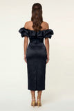 Black Satin Off the Shoulder Bodycon Midi Formal Dress with Slit