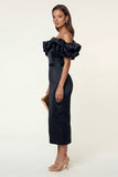 Black Satin Off the Shoulder Bodycon Midi Formal Dress with Slit