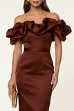 Black Satin Off the Shoulder Bodycon Midi Formal Dress with Slit