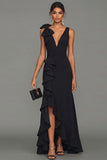 Black Sheath V-Neck Ruffled Long Formal Dress with Slit