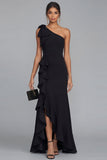 One Shoulder Black Sheath Ruffled Long Formal Dress with Slit