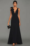 Black Sheath V-Neck Long Formal Dress with Bow