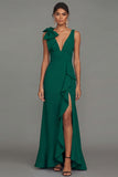 Dark Green Sheath V-Neck Ruffled Ruched Long Formal Dress with Slit