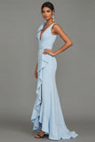 Dark Green Sheath V-Neck Ruffled Ruched Long Formal Dress with Slit