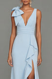 Dark Green Sheath V-Neck Ruffled Ruched Long Formal Dress with Slit