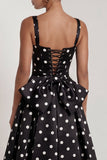 A-Line Satin Black White Dots Square Neck Long Formal Dress with Bow